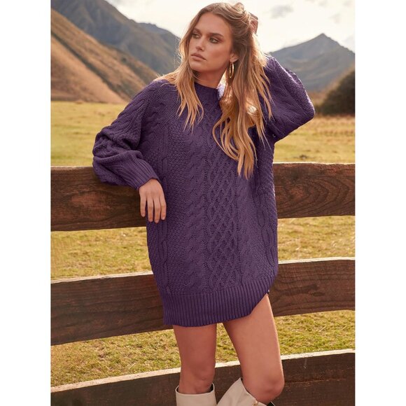 Women Oversized Cable Knit Sweater Purple Chunky Long Sleeve Fall Winter Outfit - Picture 5 of 7